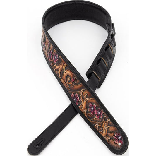 Profile 2.5" Italian Leather Guitar Strap Brown Wave & Cherry Blossom  Black